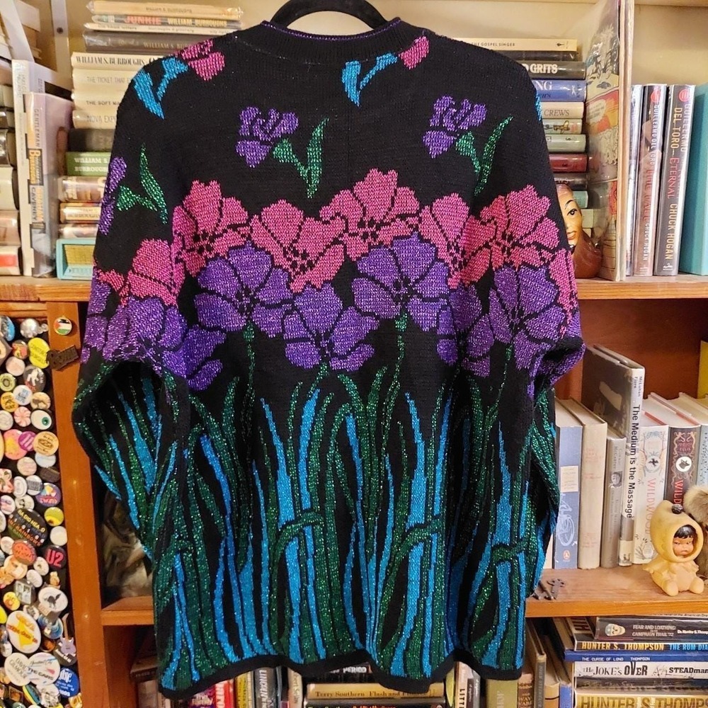 Vintage 90s Nutcracker 2X Floral Tinsel Sparkle Sweater Made in USA Black - Picture 2 of 6